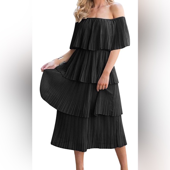 Amazon Dresses Amazon Off Shoulder Midi Length Black Tiered Dress